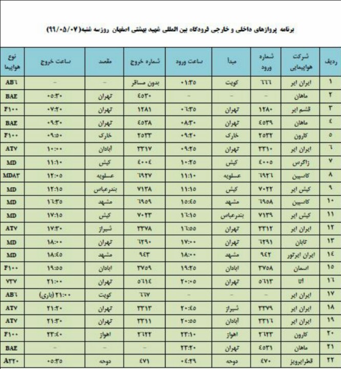 فهرست پروازهای فرودگاه شهید بهشتی اصفهان