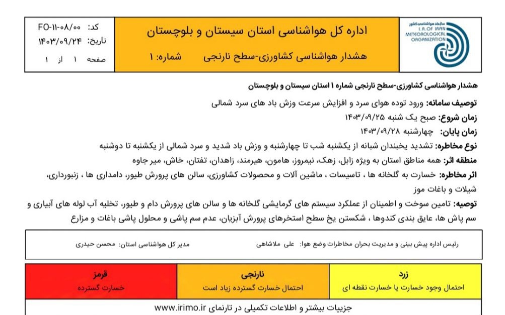 هشدار هواشناسی سطح نارنجی کشاورزی در سیستان وبلوچستان