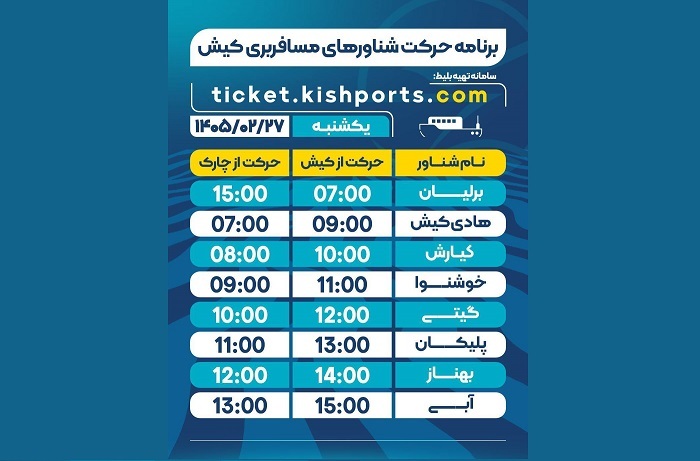 برنامه حرکت شناور‌های مسافربری و حمل خودرو کیش، یکشنبه ۲۷ اردیبهشت
